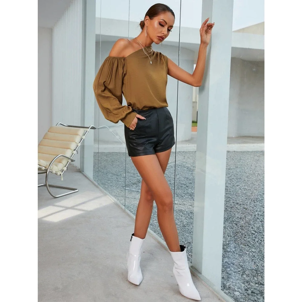 Asymmetrical one shoulder long sleeve tan Blouse - Picture 5 of 6